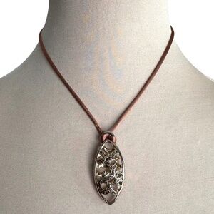 CHARTAGE BELGIUM Gold Tone Oval Pendant Necklace on Brown Shimmer Cord